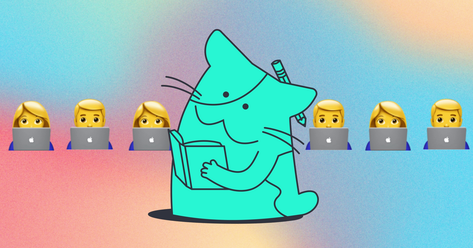 Drawing of a Cat with a book with people on computer emojis on a color gradient background.