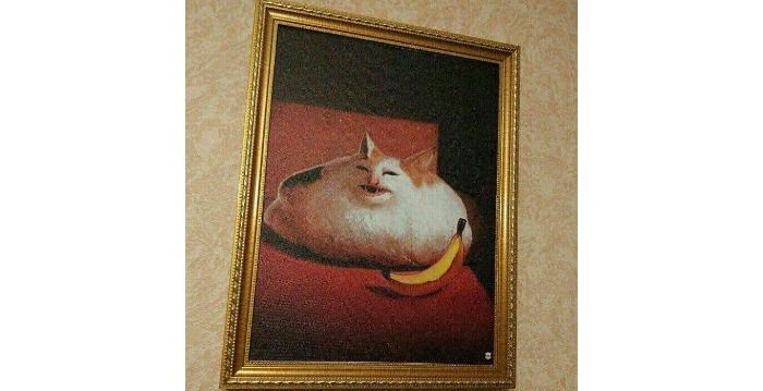 A meme painting based on Banana Cat. 