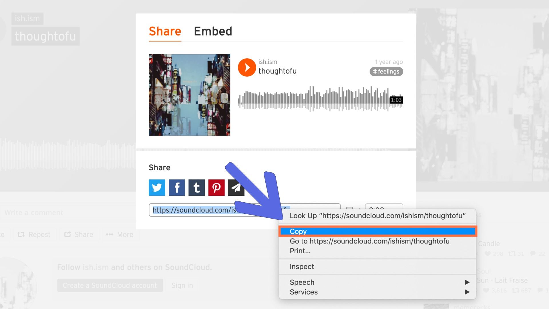 A screenshot showing how to copy links from SoundCloud. 