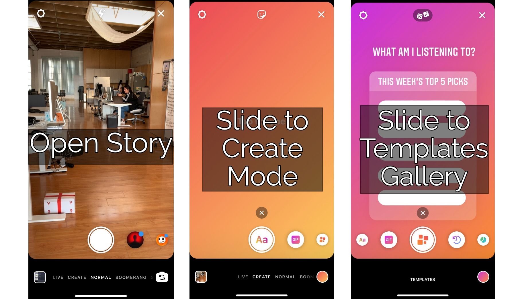 Screenshots from Instagram, showing how to access pre-made Story templates. 