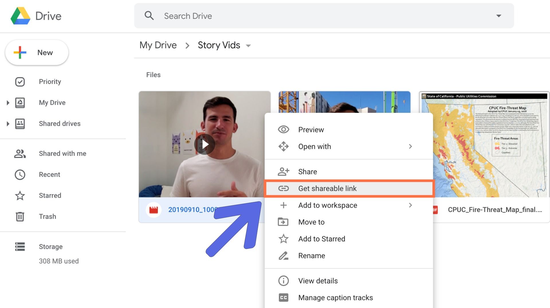 A screenshot from Google Drive, showing how to get a shareable link to a video.