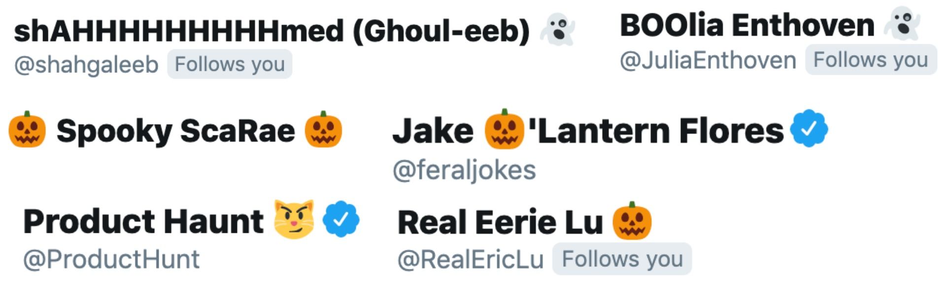 Several screenshots of Halloween-themed Twitter usernames. 