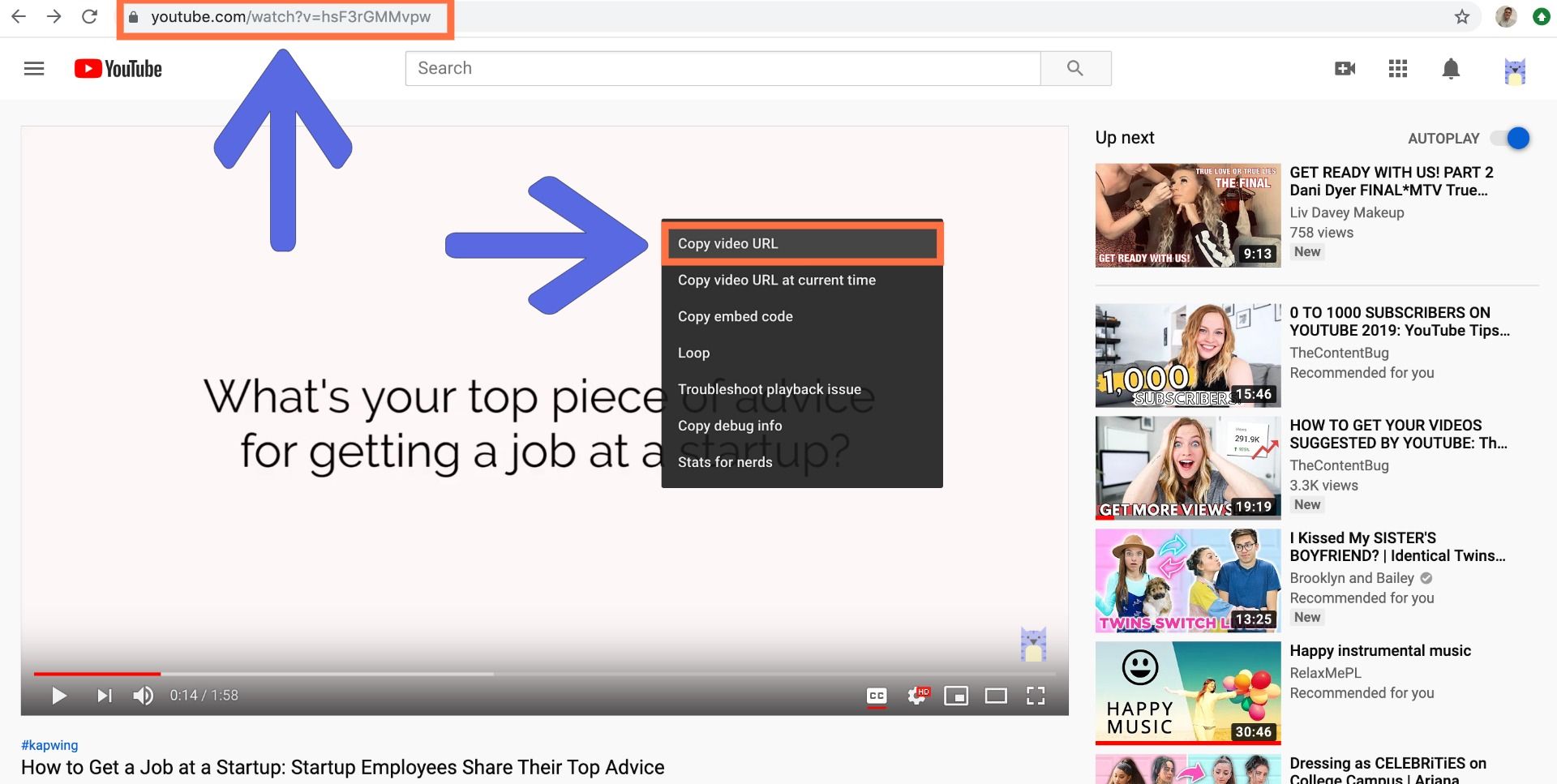 A screenshot showing how to copy YouTube links. 