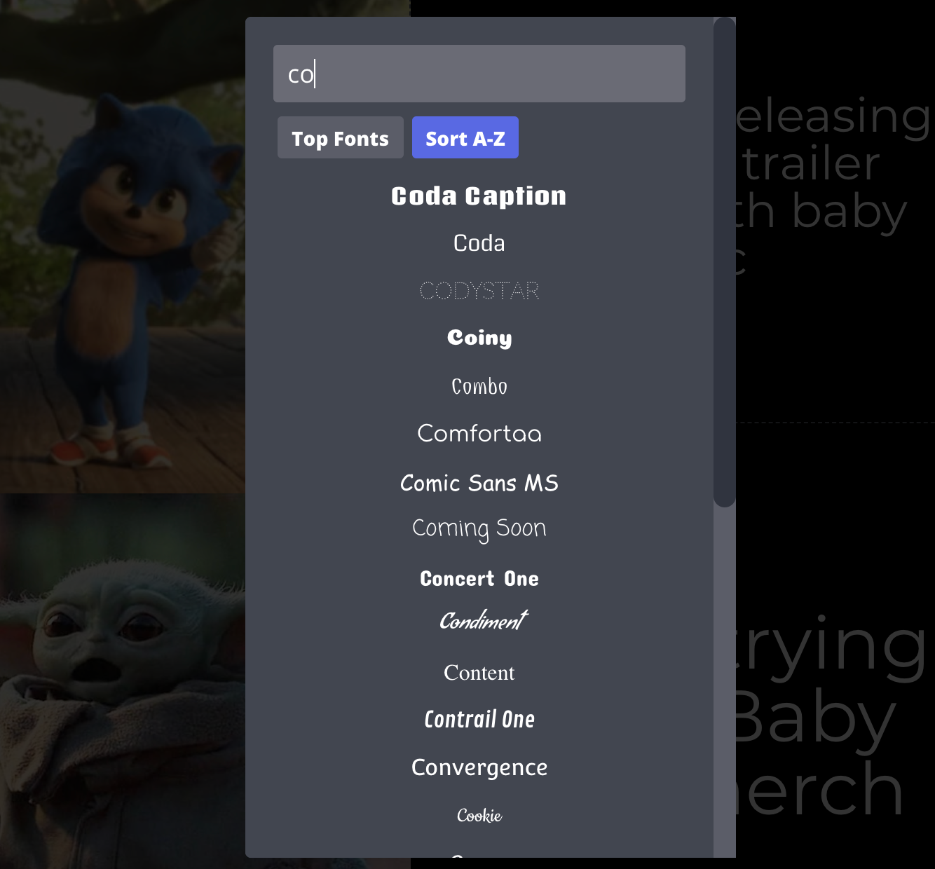 A screenshot of Kapwing's font selector menu. 