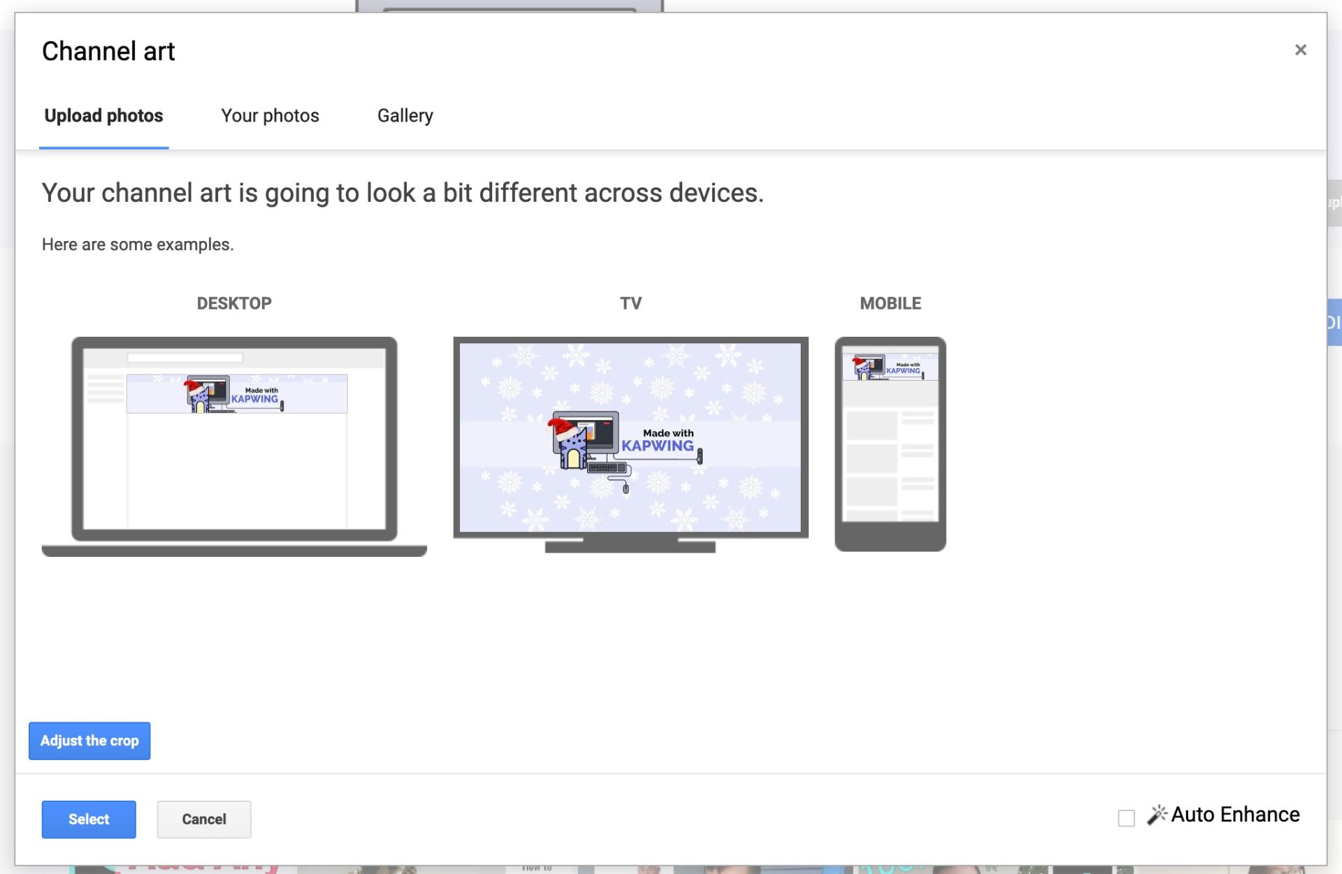A screenshot of YouTube's channel art preview screen. 