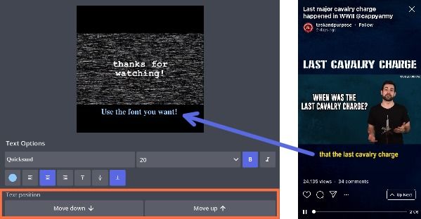 A screenshot showing different subtitle positions in Kapwing. 