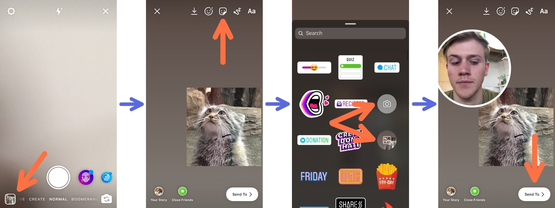 Screenshots showing how to add several images to an IG Story in the Instagram app.