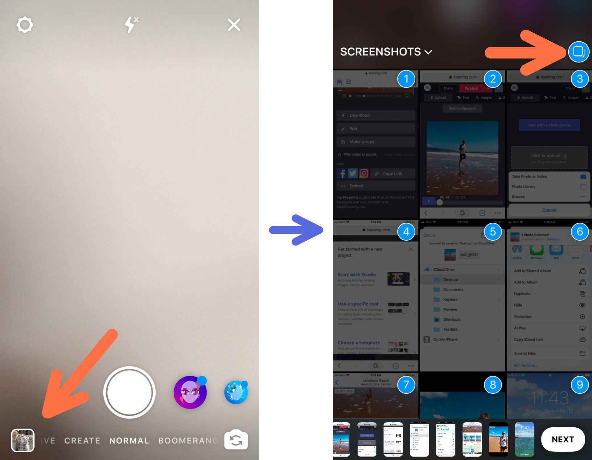 Screenshots showing how to add several back-to-back images to your Instagram Story at once.