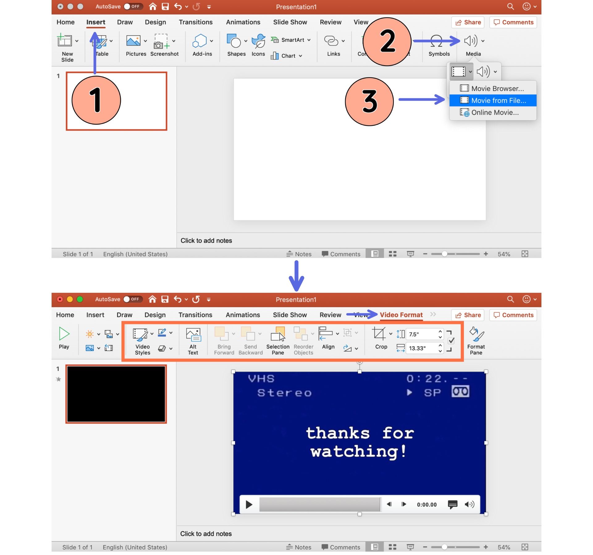 A screenshot demonstrating how to insert video files into a PowerPoint presentation. 