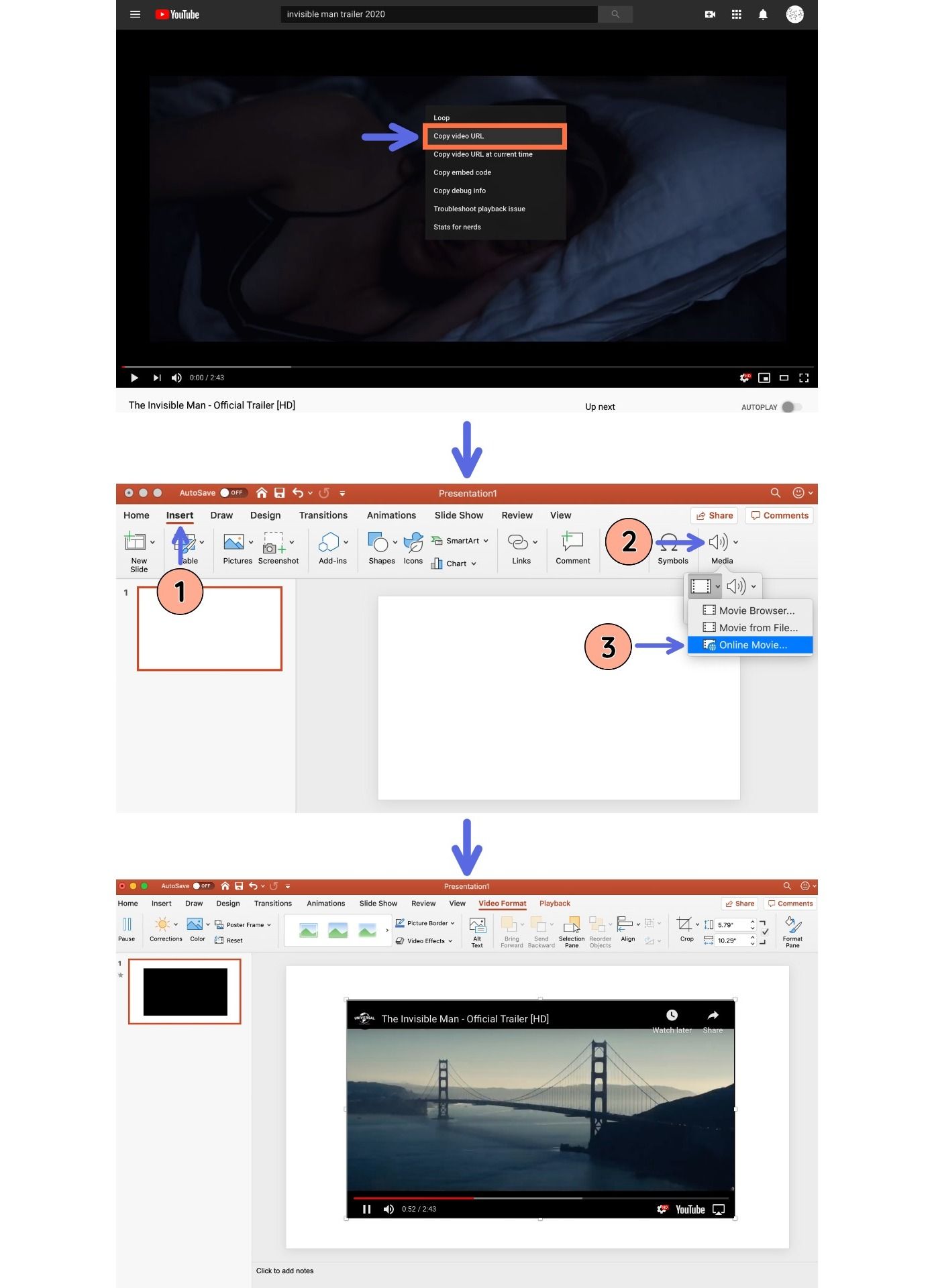 A screenshot showing how to embed videos from the web into PowerPoint. 