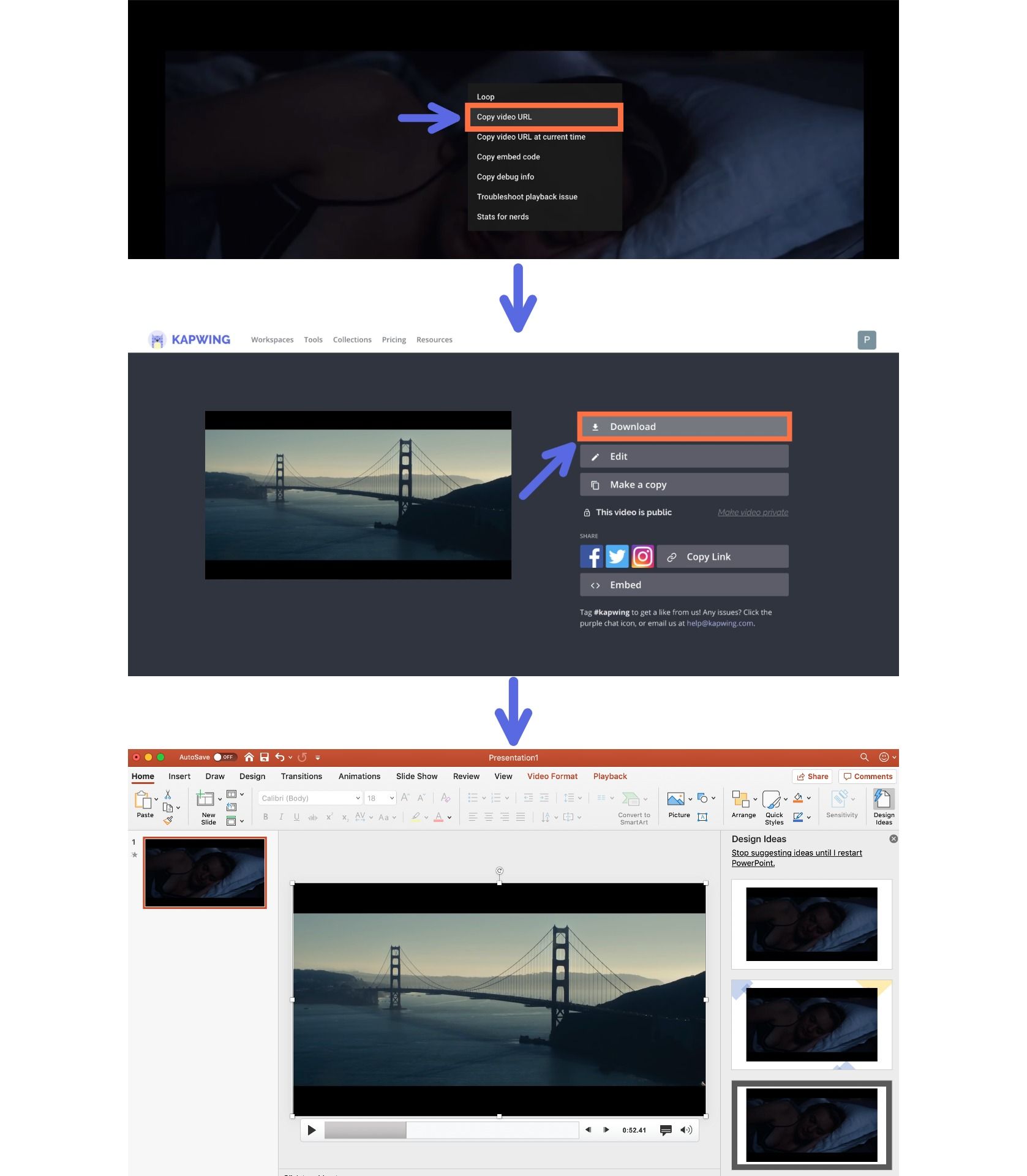 A screenshot showing how to import videos from the web directly to a PowerPoint presentation. 