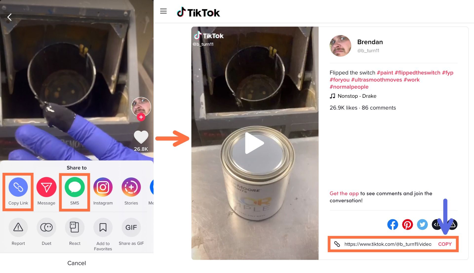 Screenshots from TikTok, showing how to copy the correct link from the desktop site. 