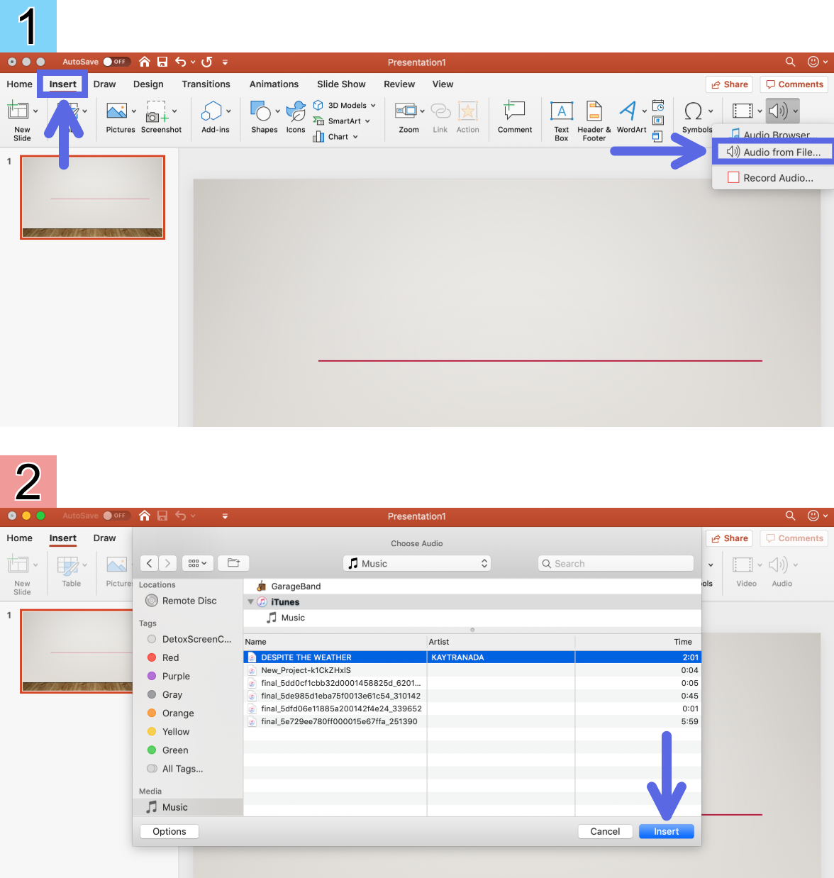 Screenshots from PowerPoint, showing how to add audio layers to a project. 