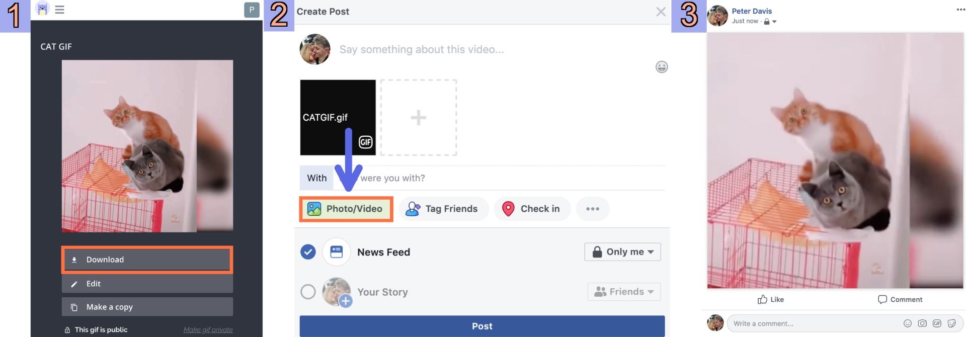 Screenshots showing how to post GIFs on Facebook.