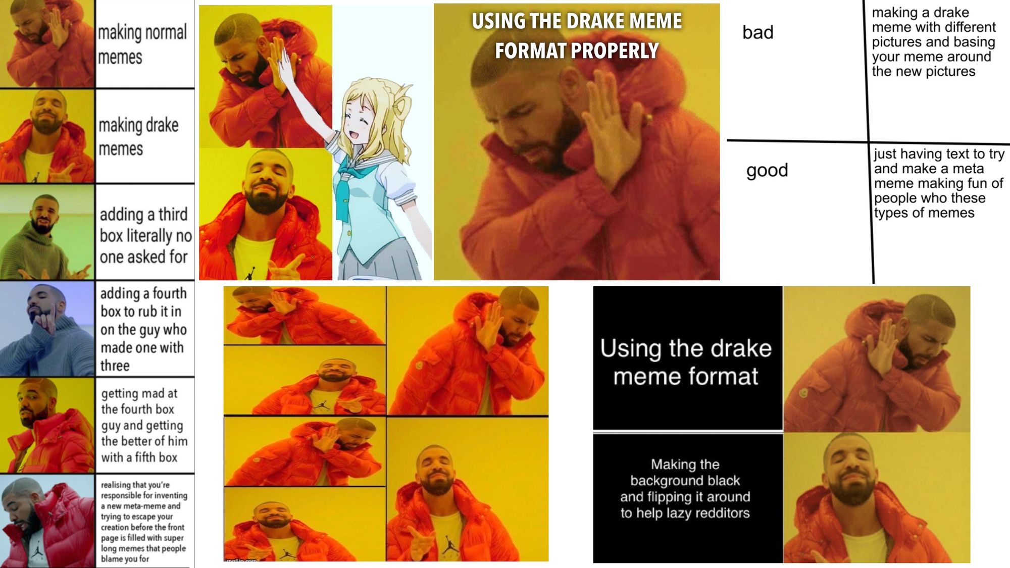 Humorously incorrect versions of the Drake reaction meme. 