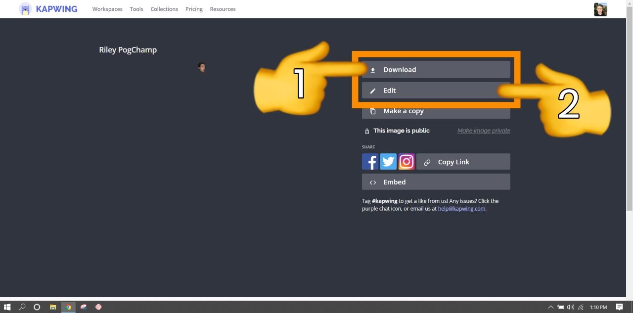 A screenshot showing how to download and edit projects from Kapwing's final video page. 