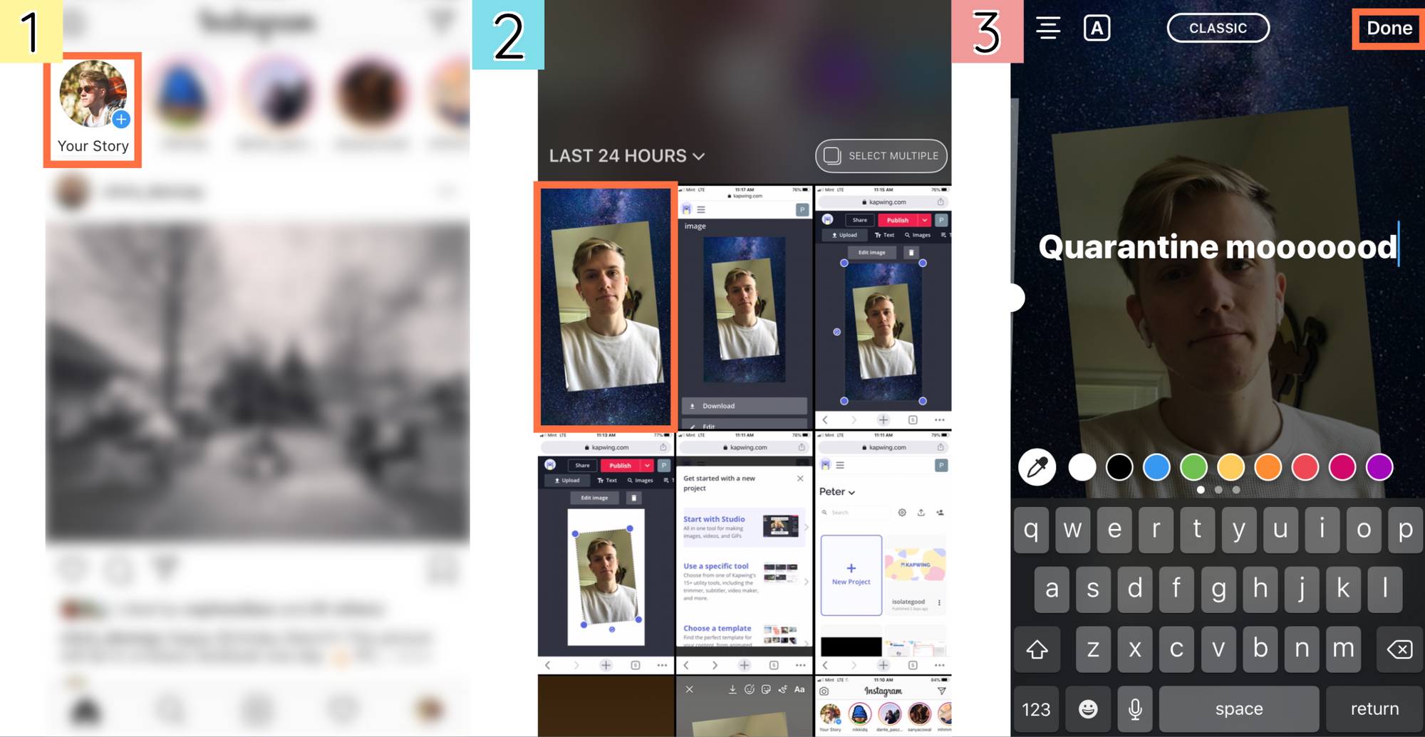 Screenshots showing how to add and edit Instagram Stories in the Instagram app. 