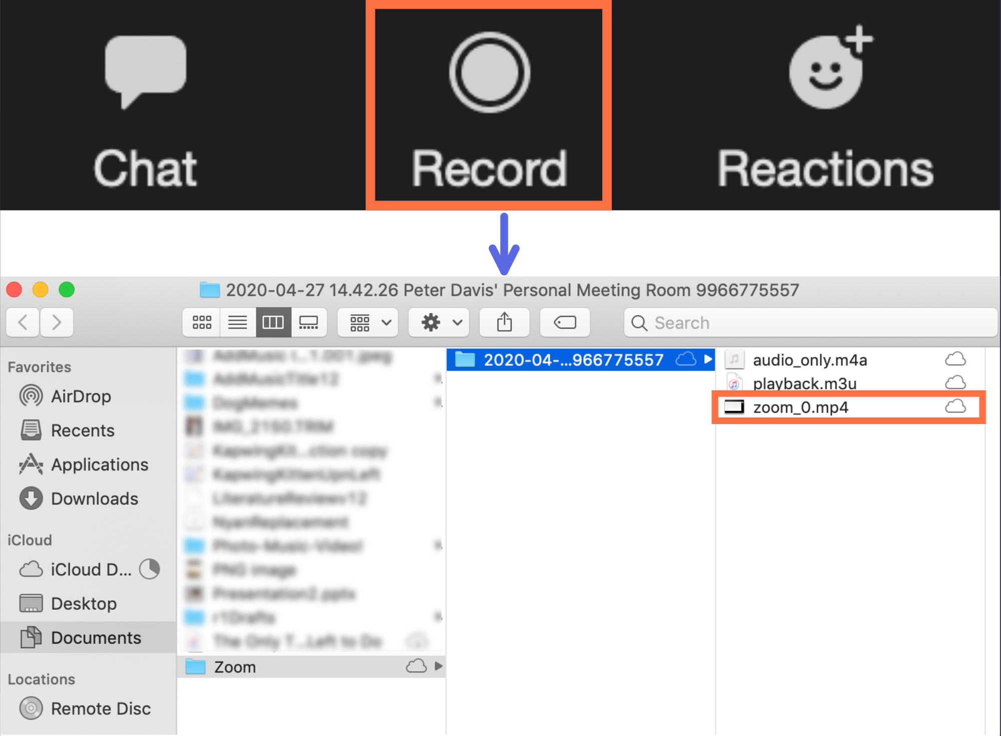 A screenshot showing how to save recordings of Zoom meetings. 