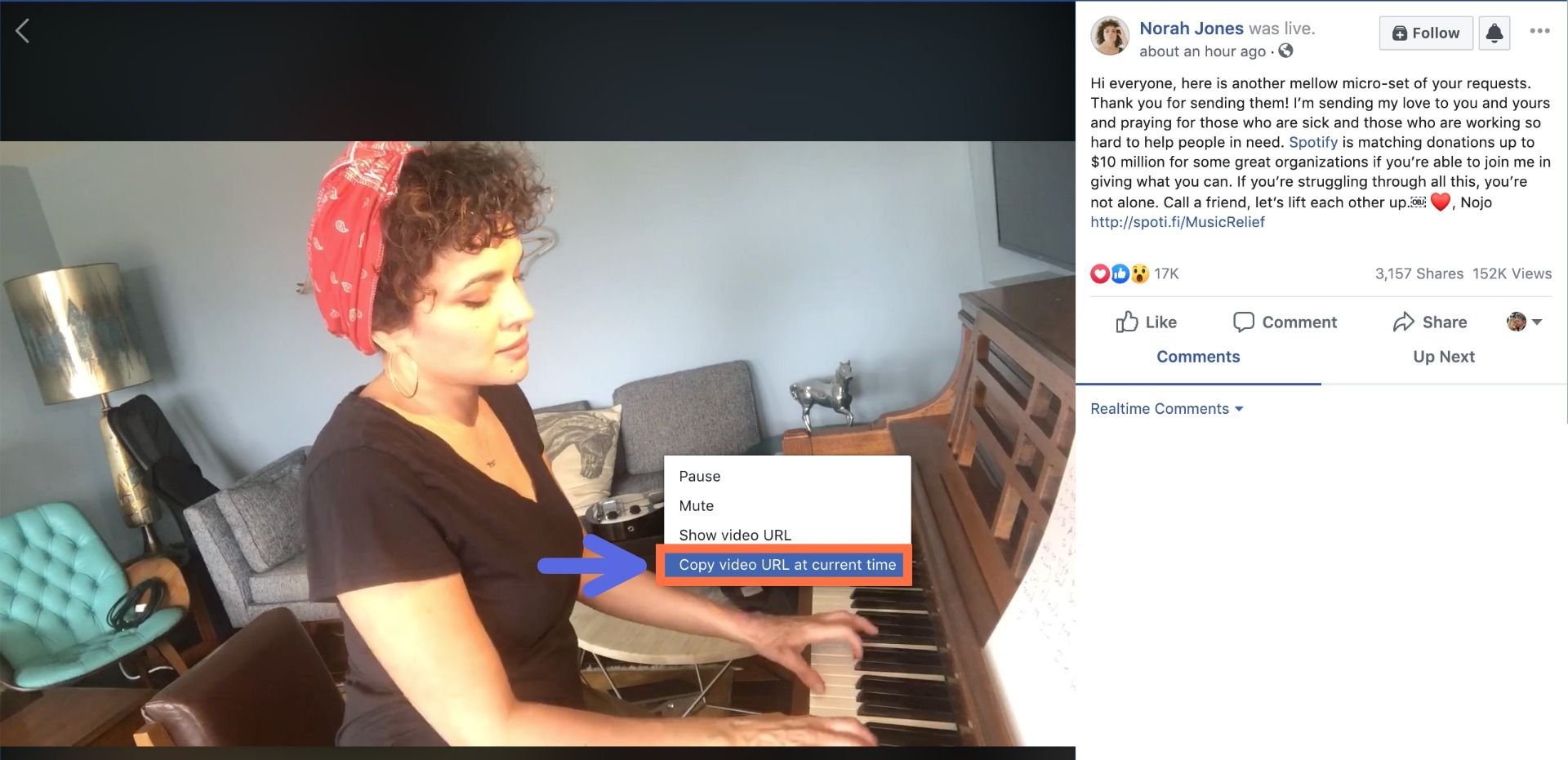 A screenshot showing how to copy links from Facebook videos. 