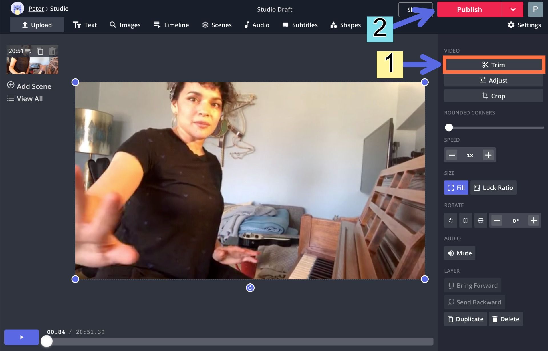 A screenshot showing how to trim and export videos in the Kapwing Studio. 