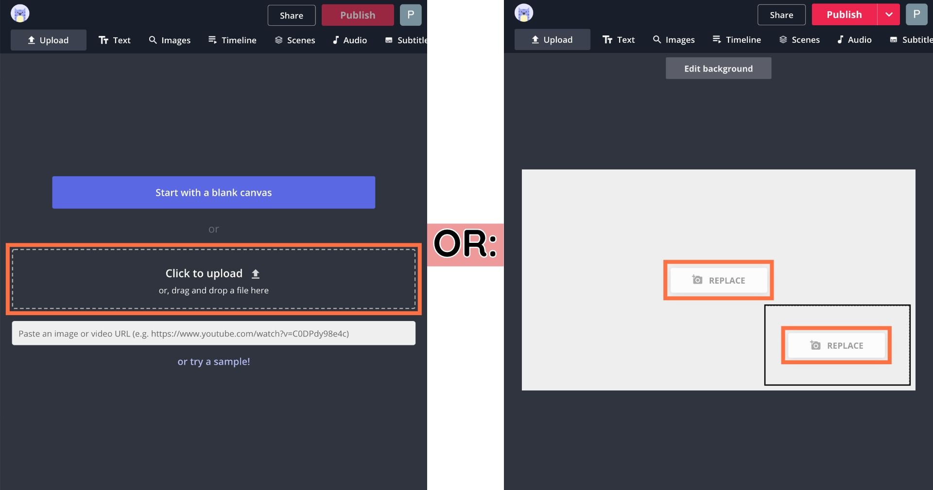 Screenshots from the Kapwing Studio, one of the upload modal and one of the reaction video template. 