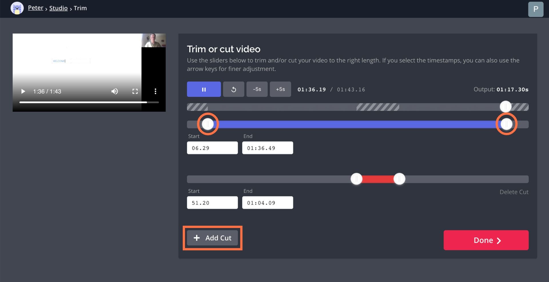 A screenshot showing how to trim videos in the Kapwing Studio.