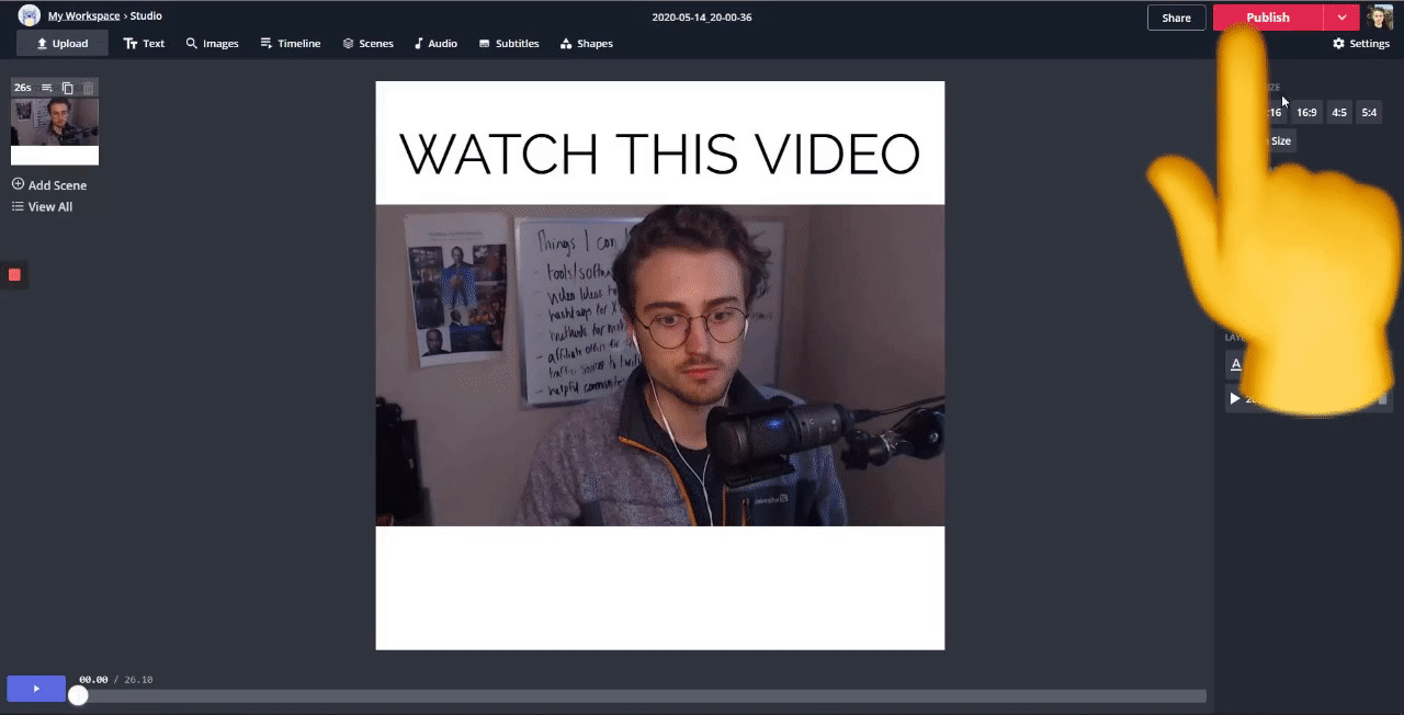 A GIF demonstrating how to export and download videos from Kapwing. 