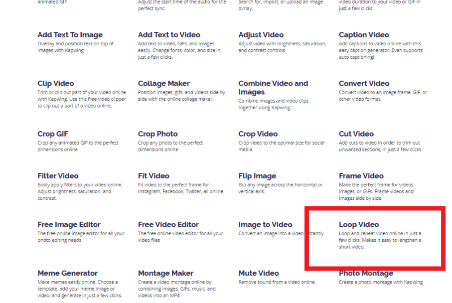A screenshot showing how to access Kapwing's video looping tool. 