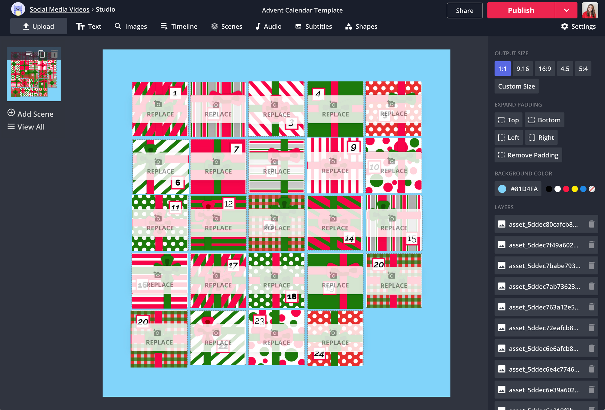 Kapwing's advent calendar template in editor