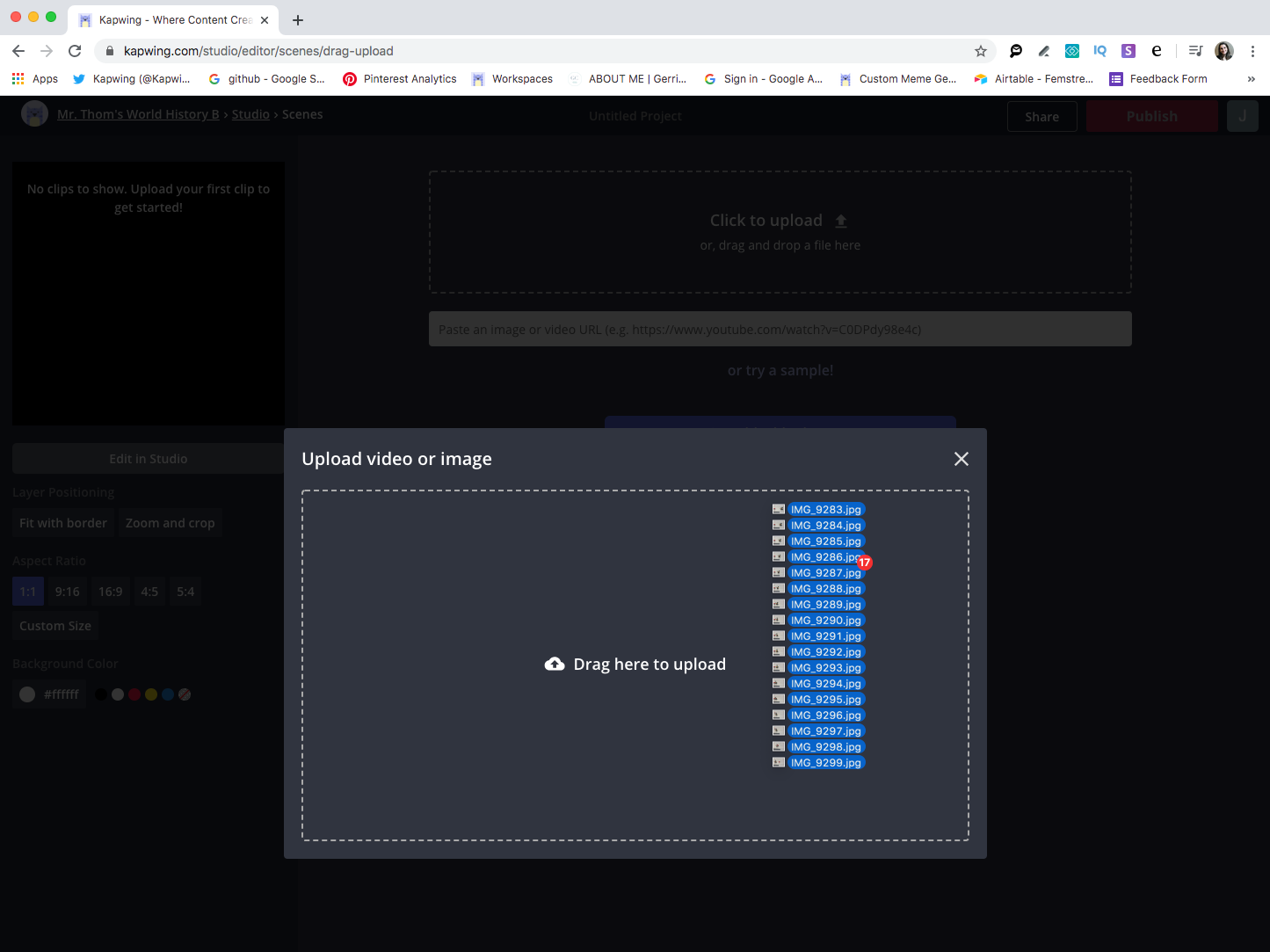 A screenshot showing how to upload multiple images into the Kapwing Studio at once. 