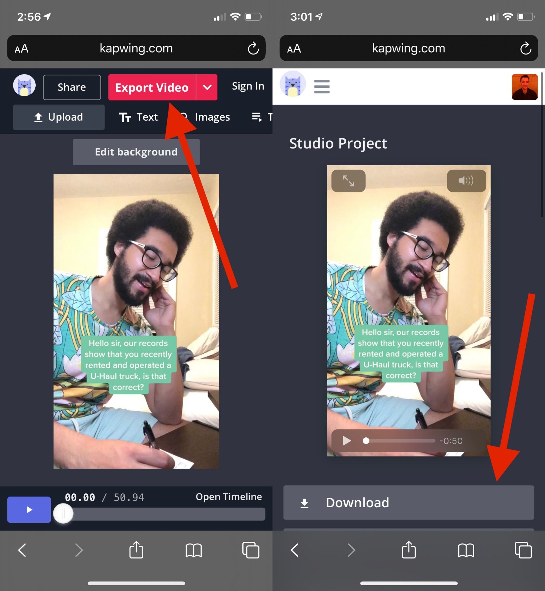 A screen on the left shows an arrow pointing to the "Export Video" button in Kapwing and a screen on the right shows an arrow pointing to the "download" button in kapwing an 