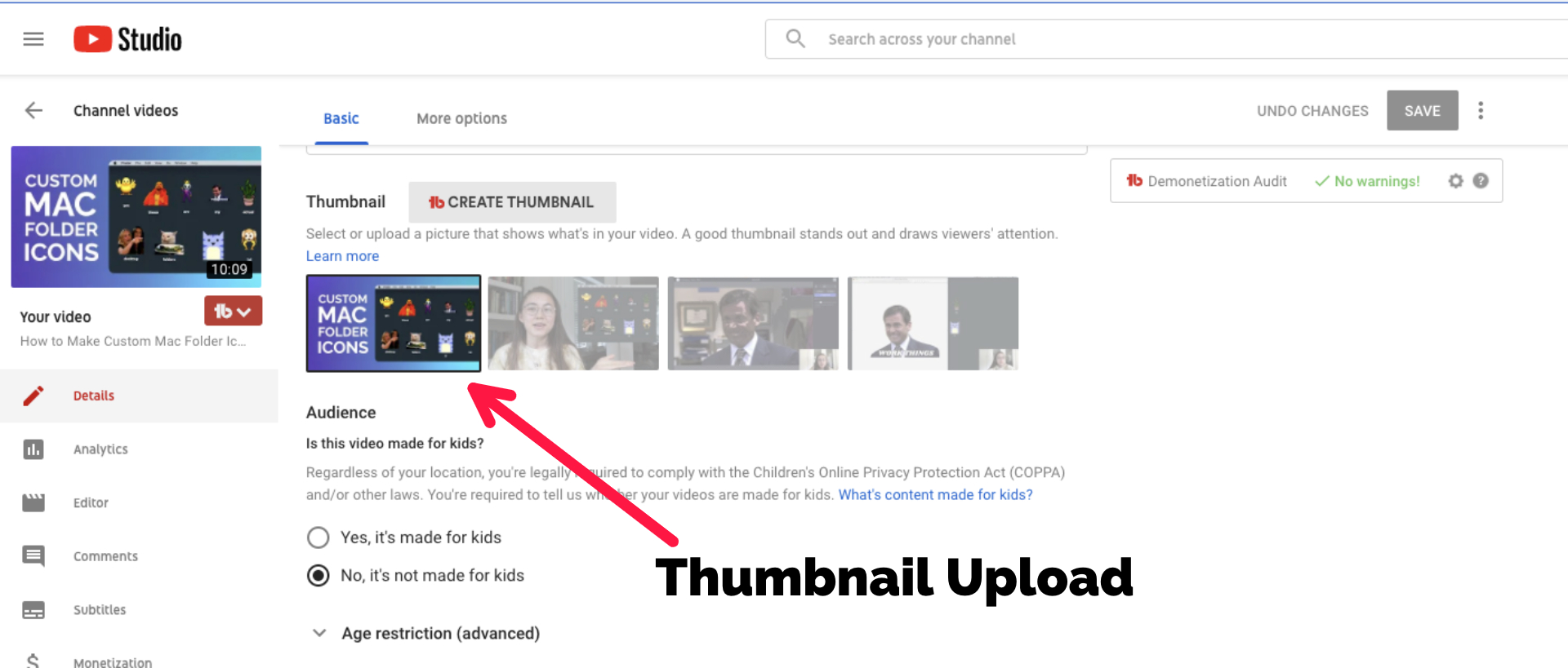 A screenshot of the thumbnail upload screen in YouTube. 