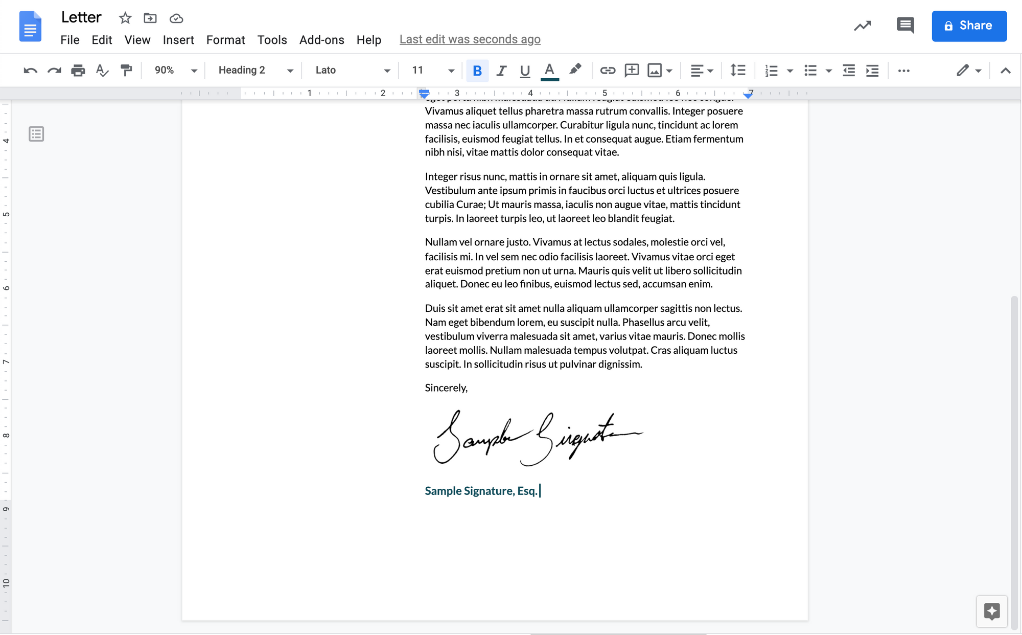 A screenshot of a transparent signature added to a Google Doc. 