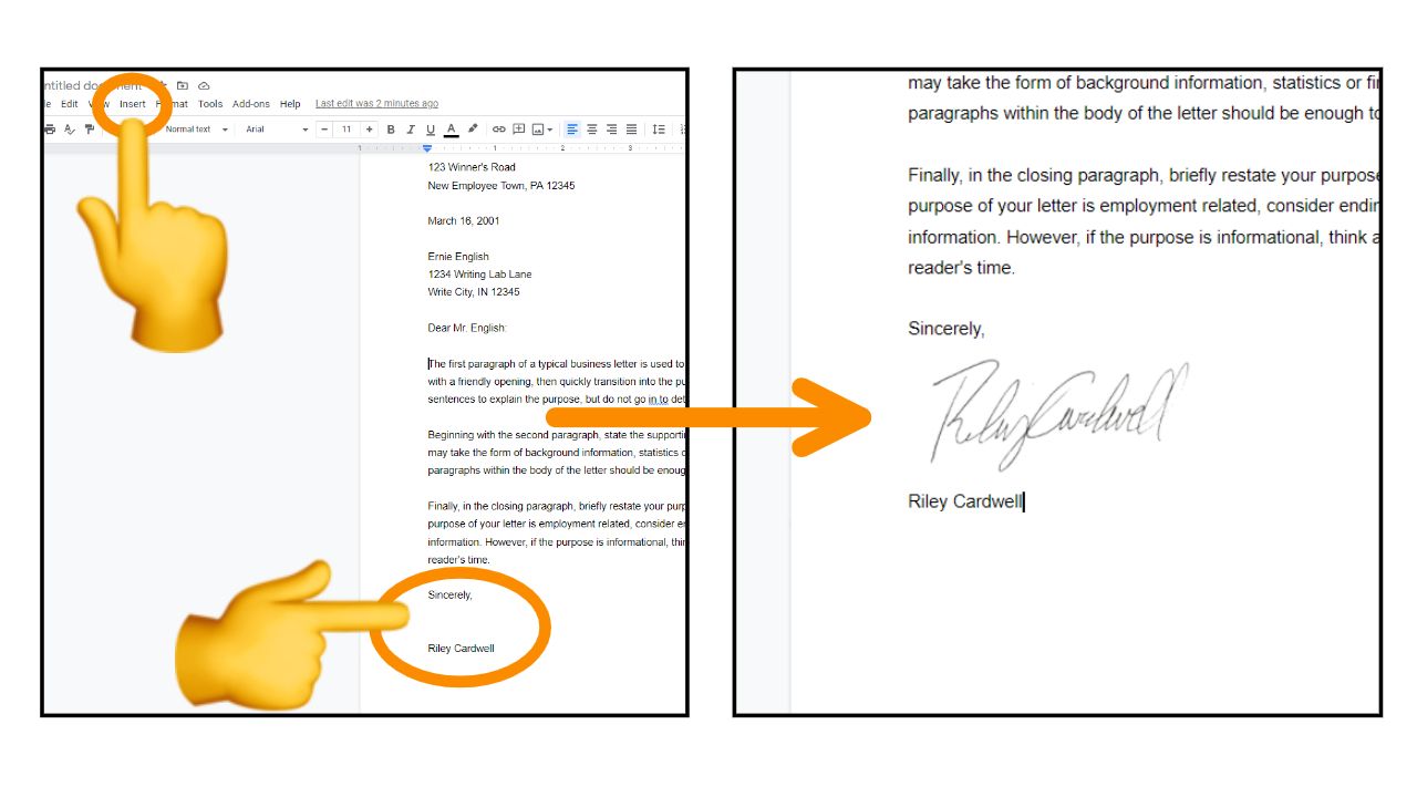 Two screenshots from Google Docs, demonstrating how to insert a PNG signature into a document. 