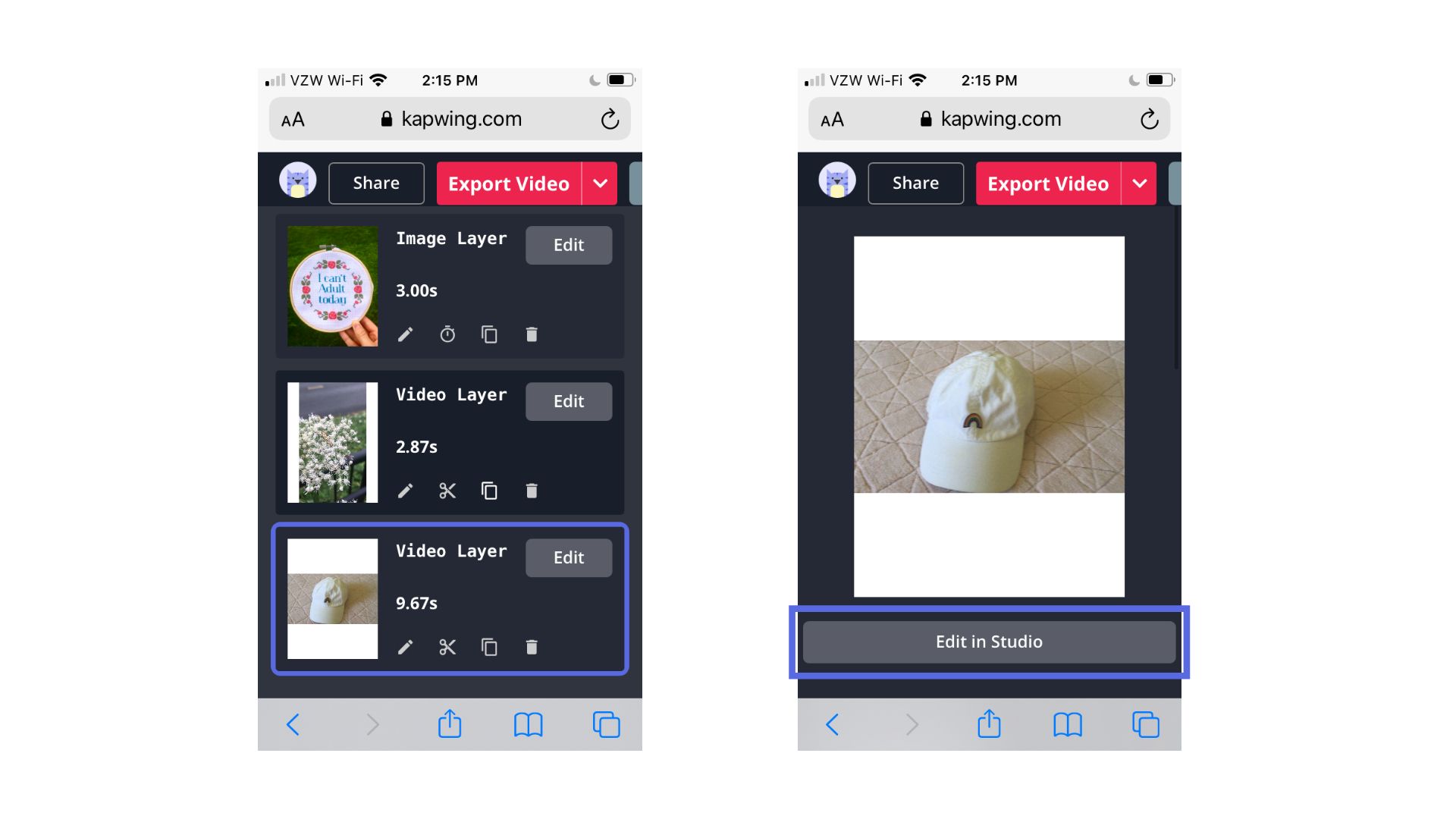 Screenshots from the Kapwing mobile Studio, showing how to make basic edits. 