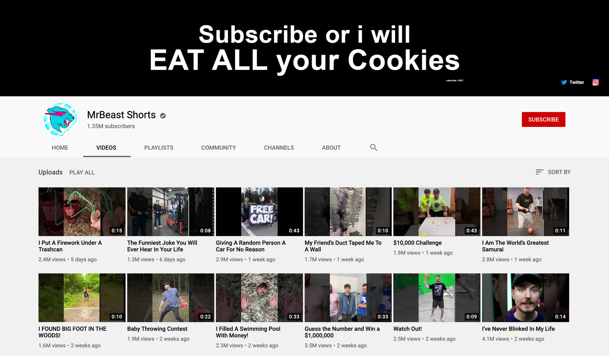 A screenshot of Mr. Beast's dedicated YouTube Shorts channel. 