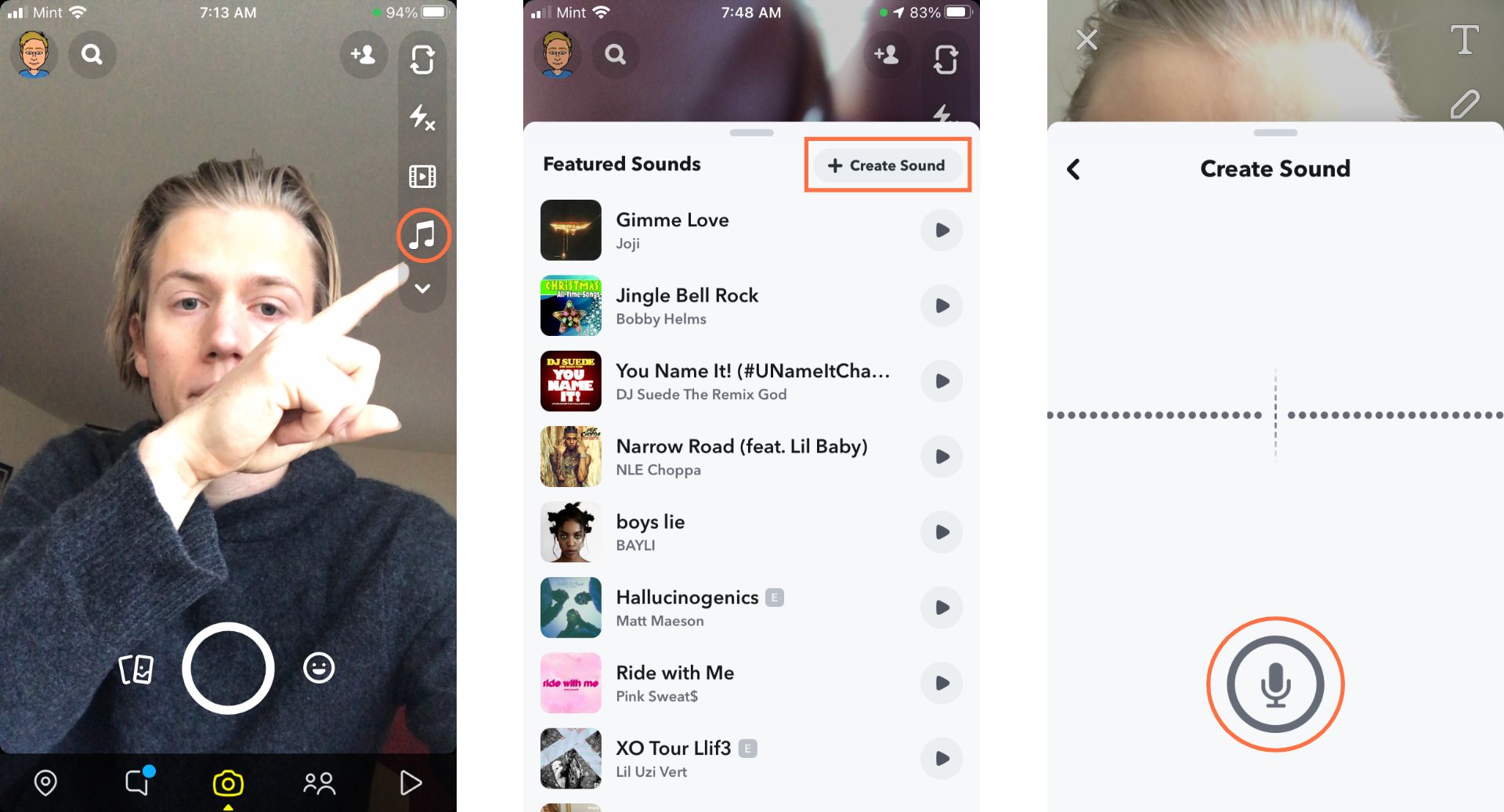 Screenshots showing how to add built-in music or record a new sound for Spotlight videos. 