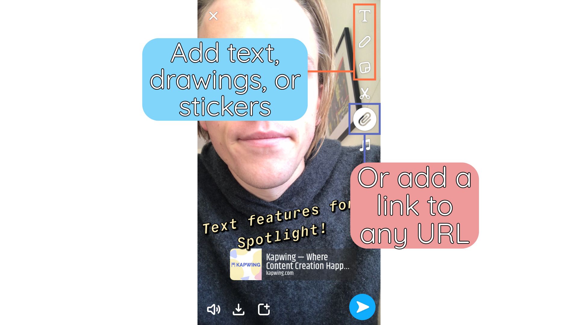 A screenshot pointing out the layers you can add to Spotlight videos. 