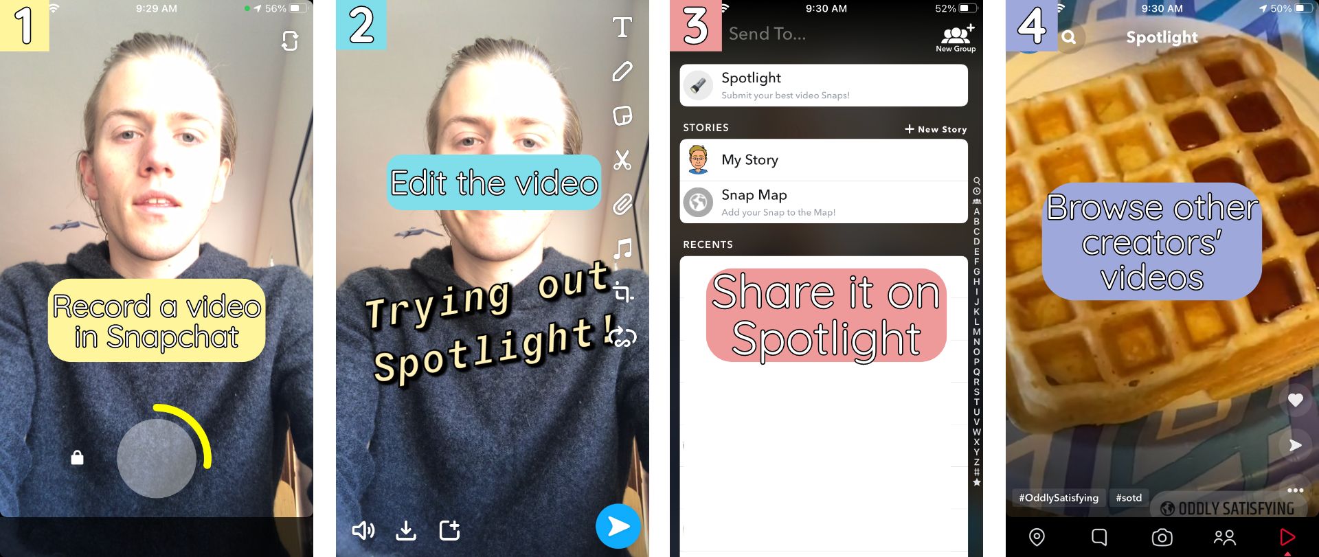 Screenshots demonstrating how to share and browse Snapchat's Spotlight videos. 