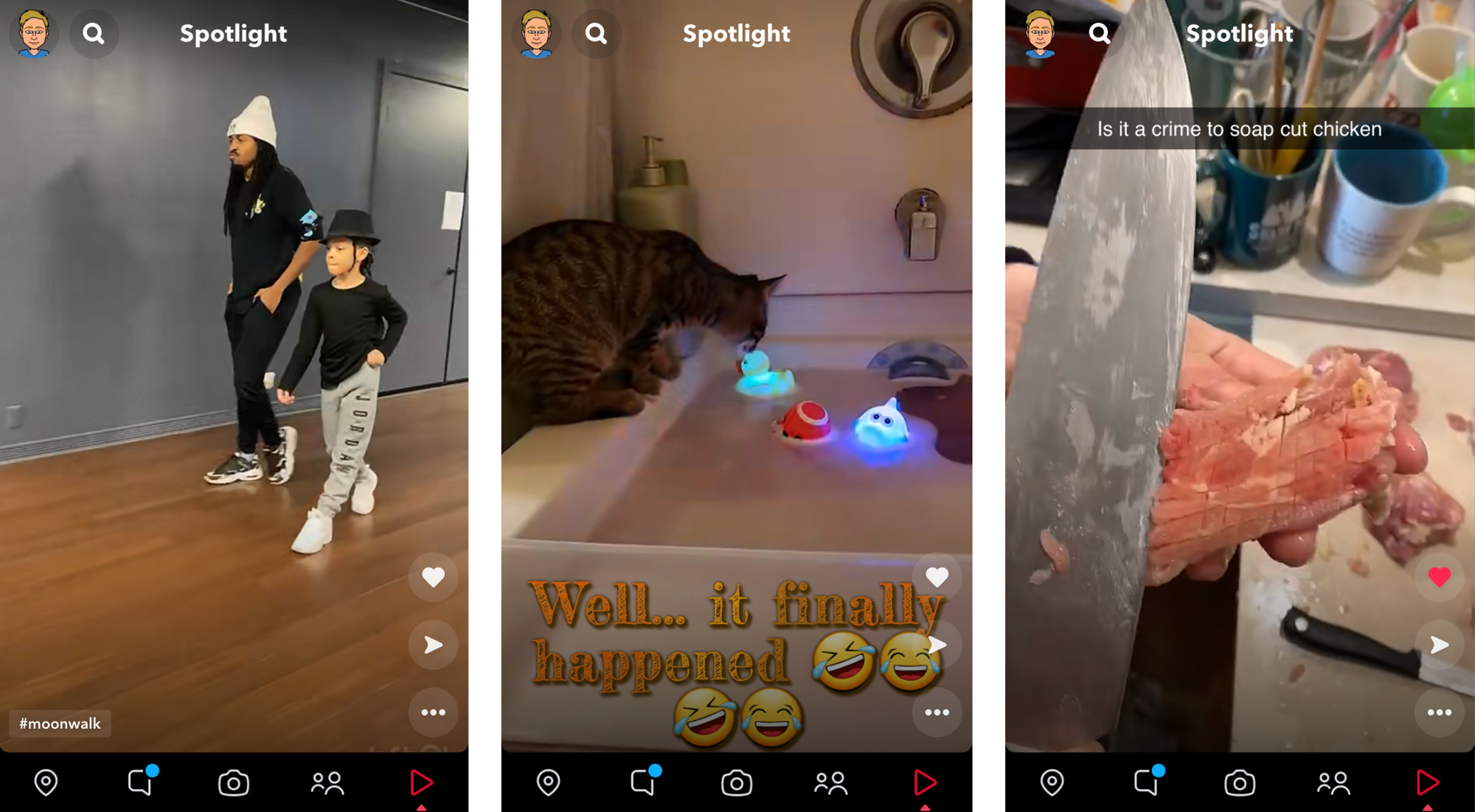 Screenshots showing wildly different Snapchat Spotlight posts. 