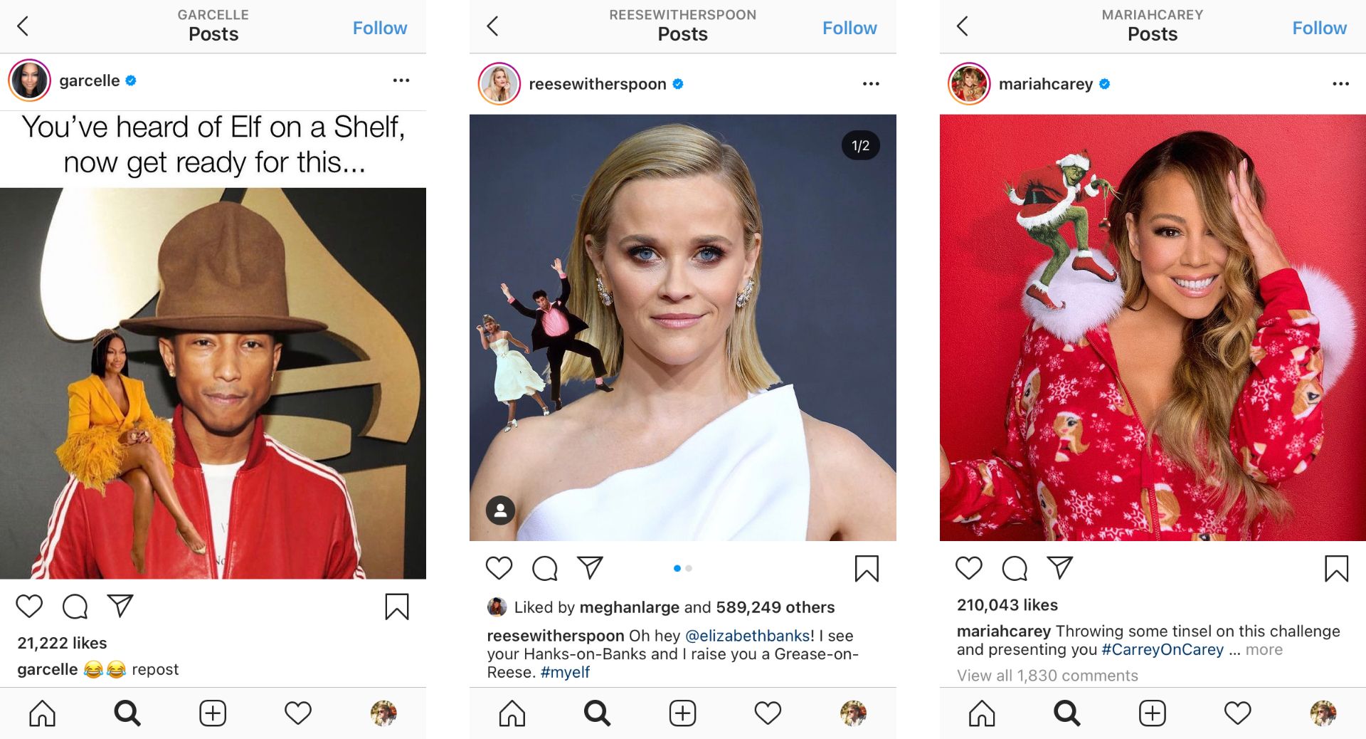 Screenshots of Instagram posts from Garcelle Beauvais, Reese Witherspoon, and Mariah Carey. 