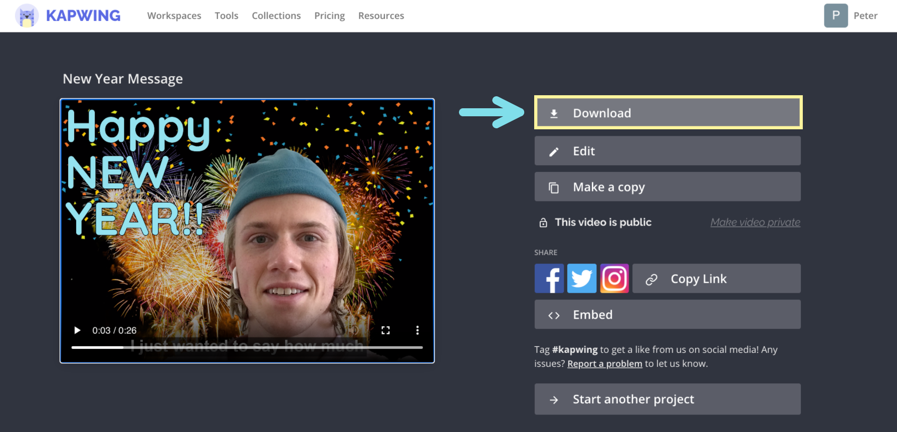 A screenshot demonstrating how to download a video from the final video page in Kapwing. 