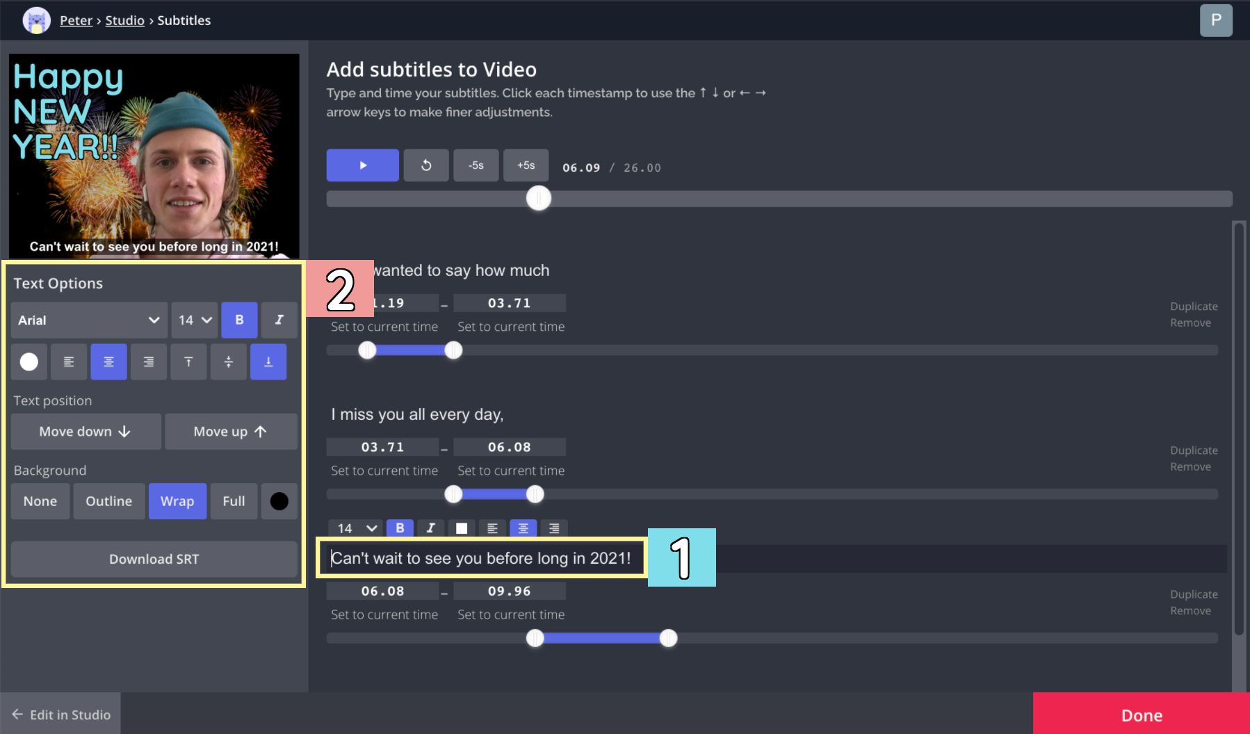 A screenshot showing how to add and edit subtitles in the Studio. 