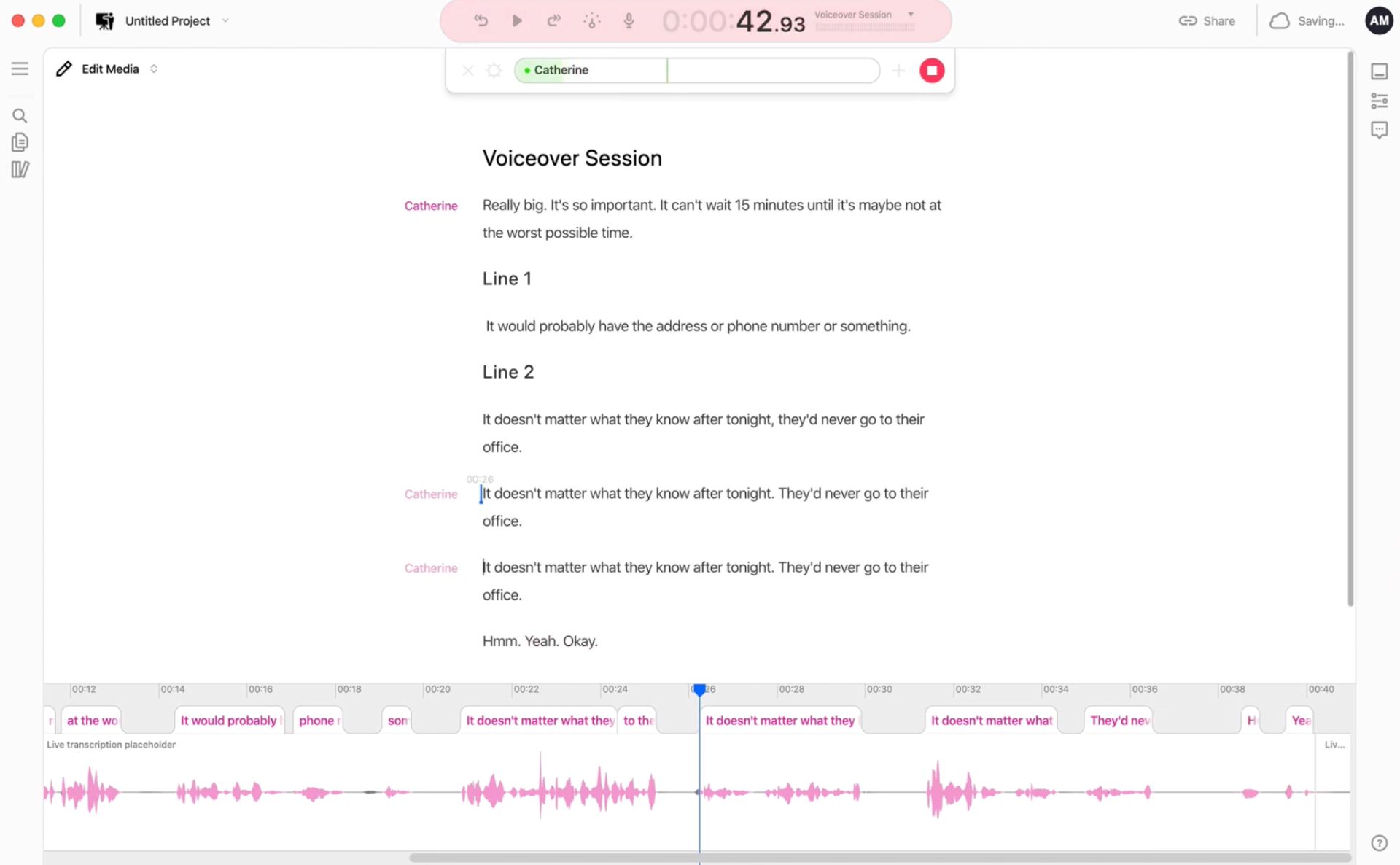 A screenshot from Descript, showing the real-time audio transcript editor in use. 