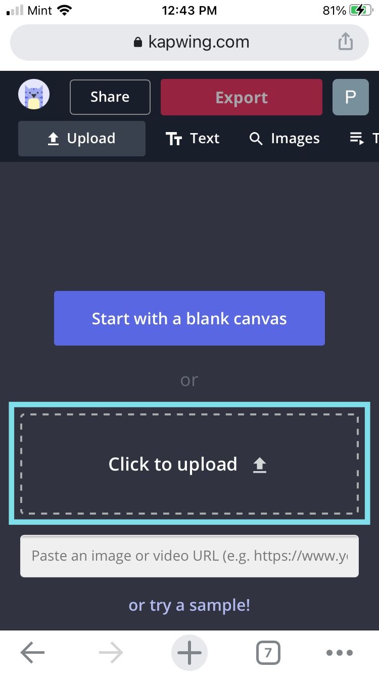 A screenshot from the mobile Kapwing Studio, showing how to upload videos from the camera roll. 