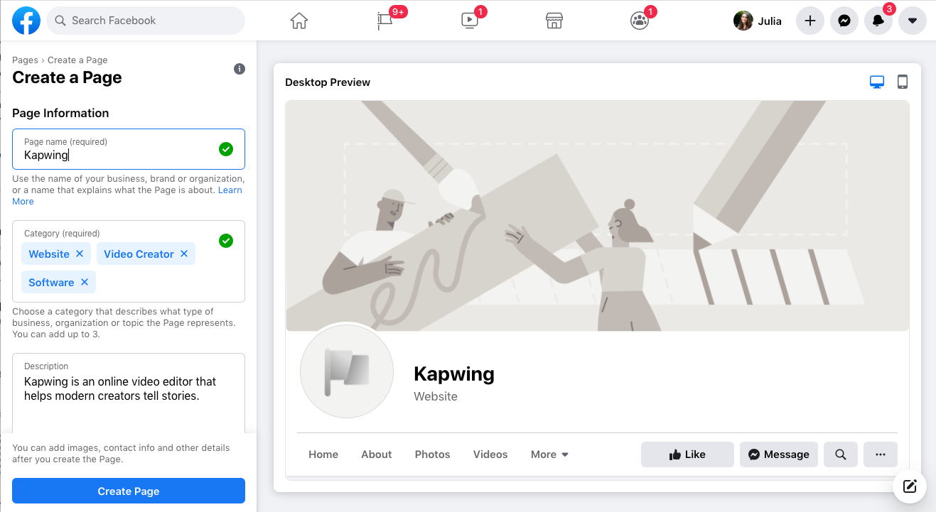 Facebook business page builder screenshot