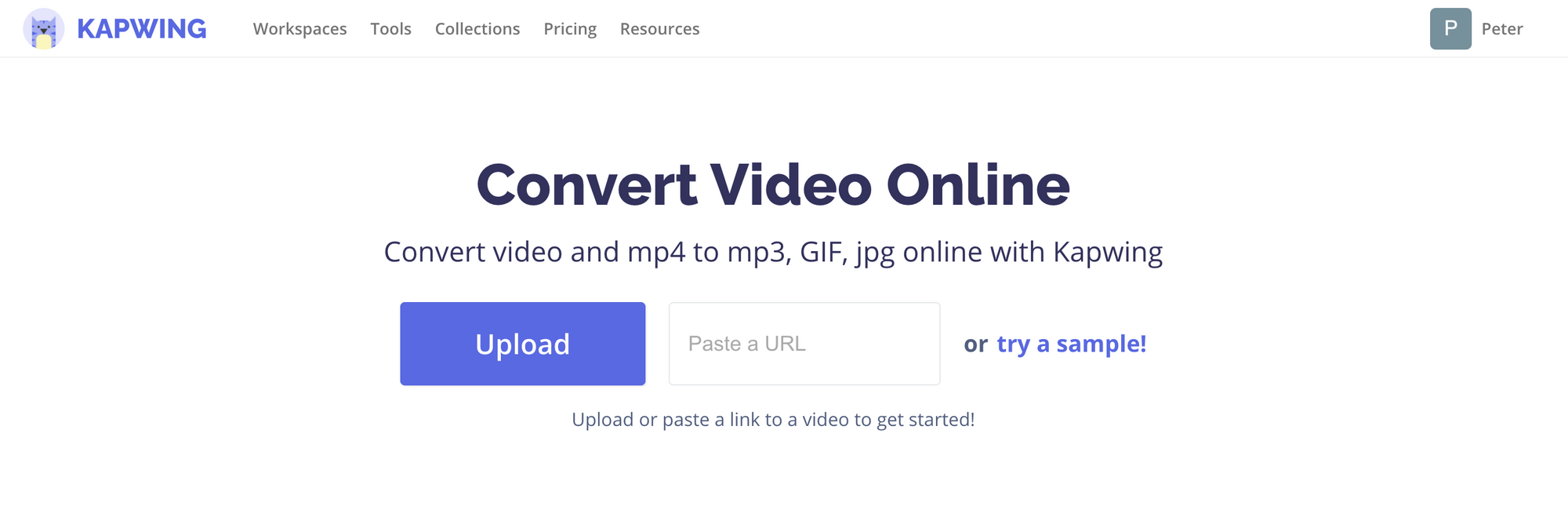 A screenshot of the Kapwing Video Converter homepage. 