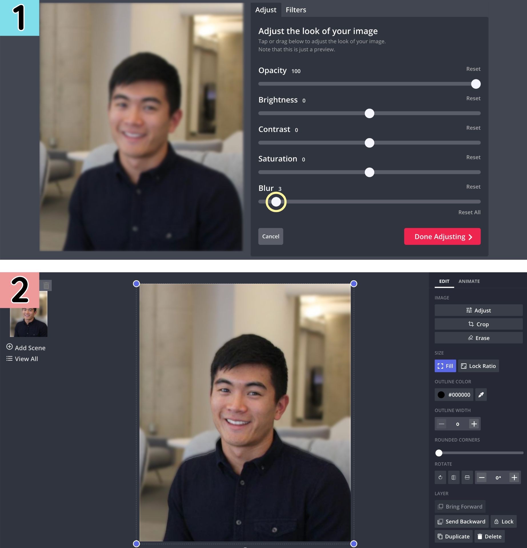 Screenshots from the Kapwing Studio demonstrating how to blur the background of an image. 