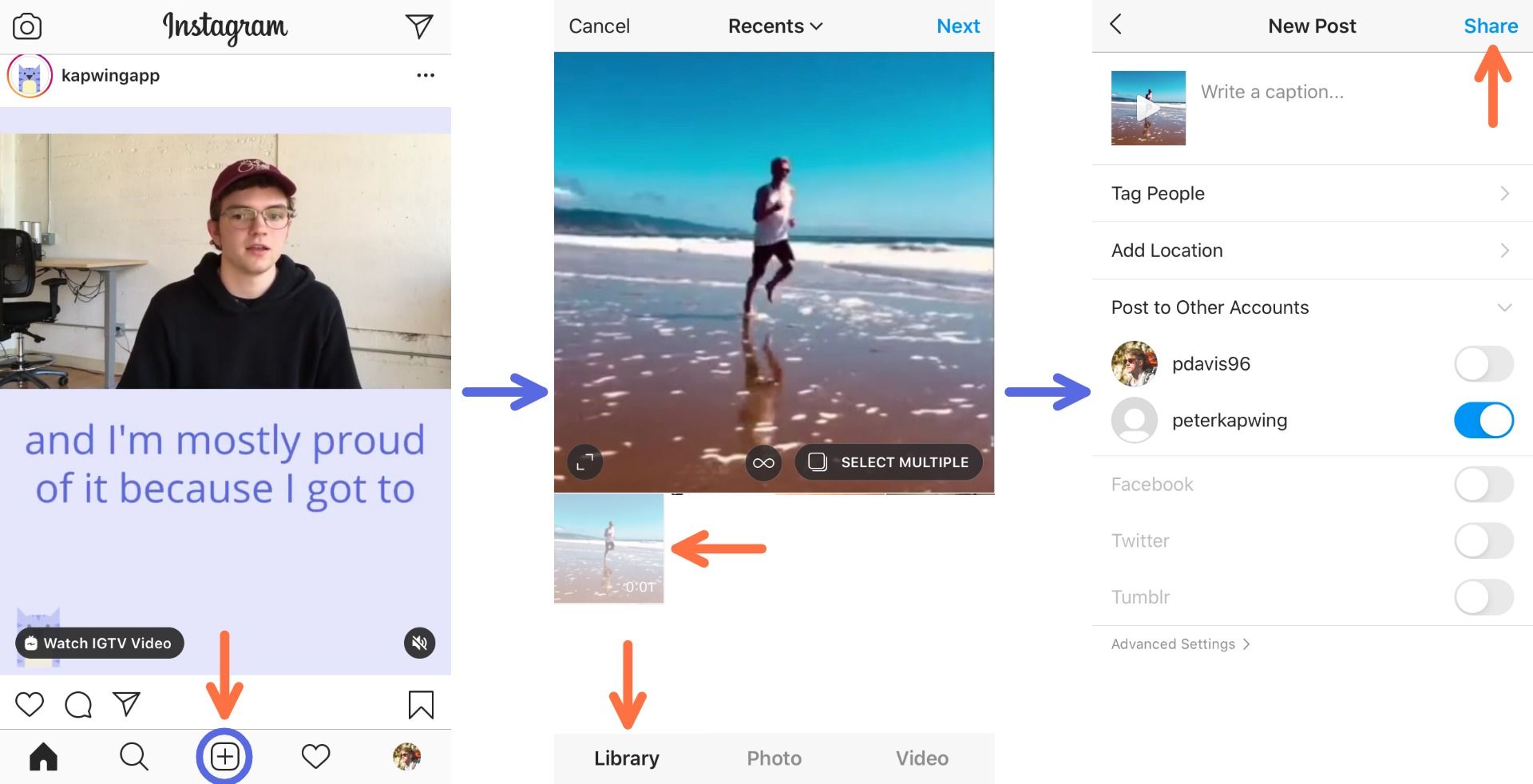 Screenshots showing how to share videos on Instagram.