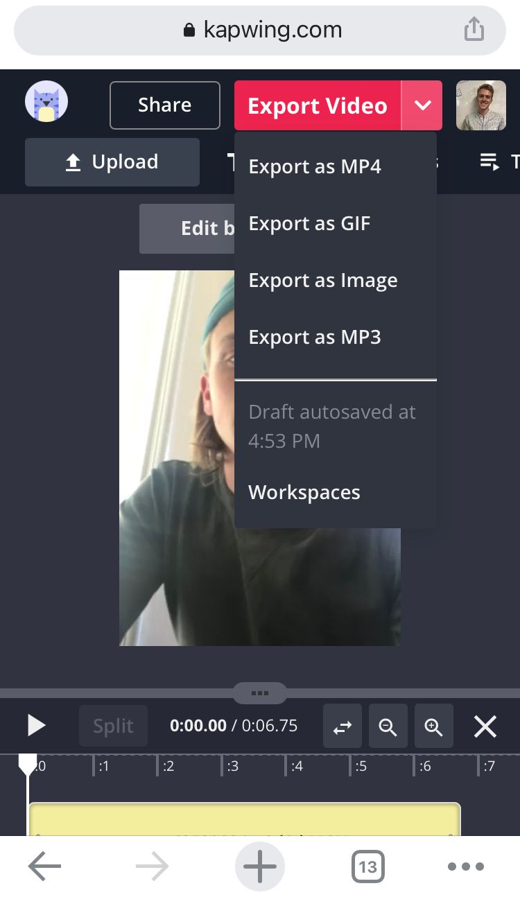 A screenshot showing how to export GIFs from the Kapwing Studio on a mobile device. 